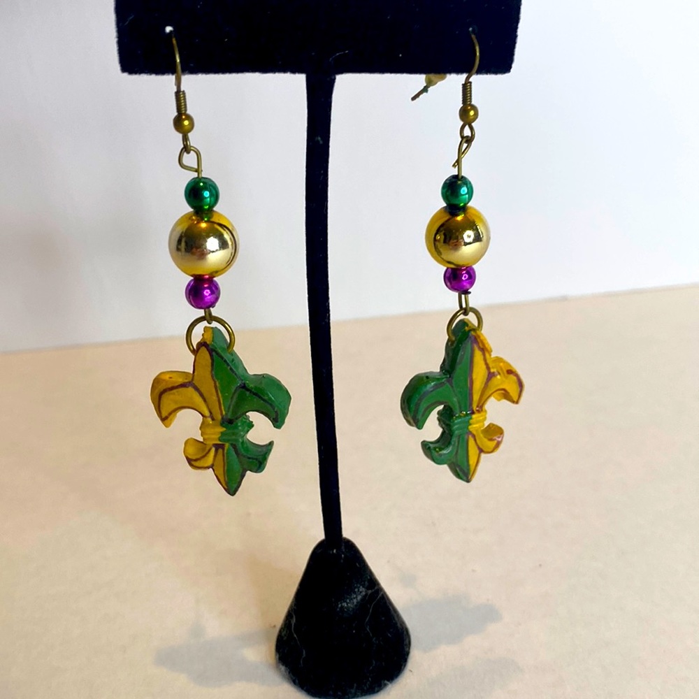 Women Wood and Bead Mardis Gra Earrings